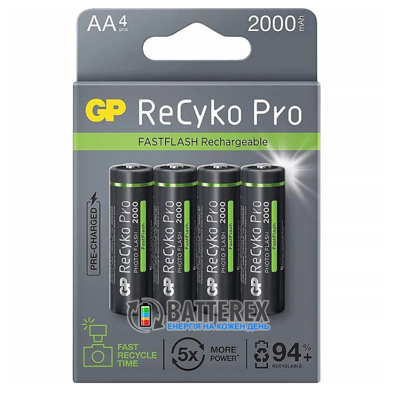 Пальчикові АА акумулятори GP Recyko+ Pro Photo Flash 2000mah із високим струмом віддачі до 10A, картонна упаковка 4 шт.