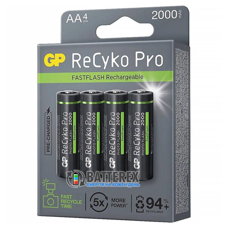 Пальчикові АА акумулятори GP Recyko+ Pro Photo Flash 2000mah із високим струмом віддачі до 10A, картонна упаковка 4 шт.