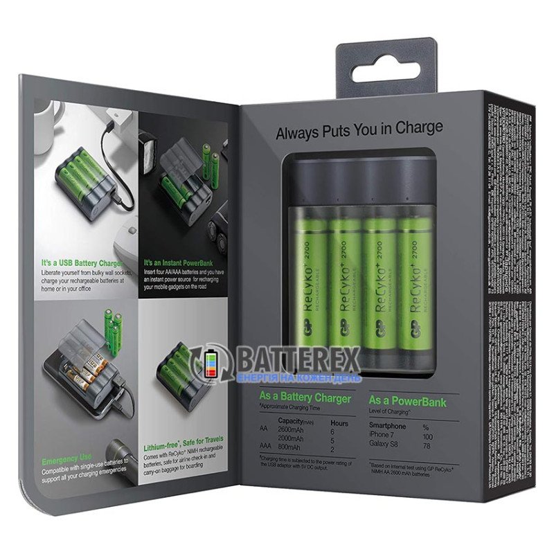 Зарядное устройство с функцией повербанка GP X411 Anyway + 4 аккумулятора AA GP Recyko 2700mah