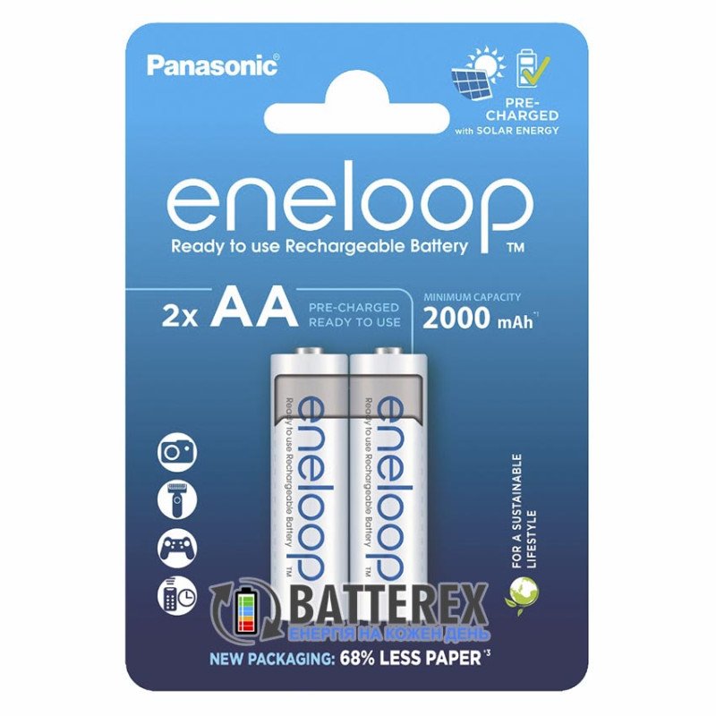 2 акумулятори AA Panasonic Eneloop 2000 mah BK-3MCDE/2CP в картонній еко-упаковці EcoBlister 2023-2024