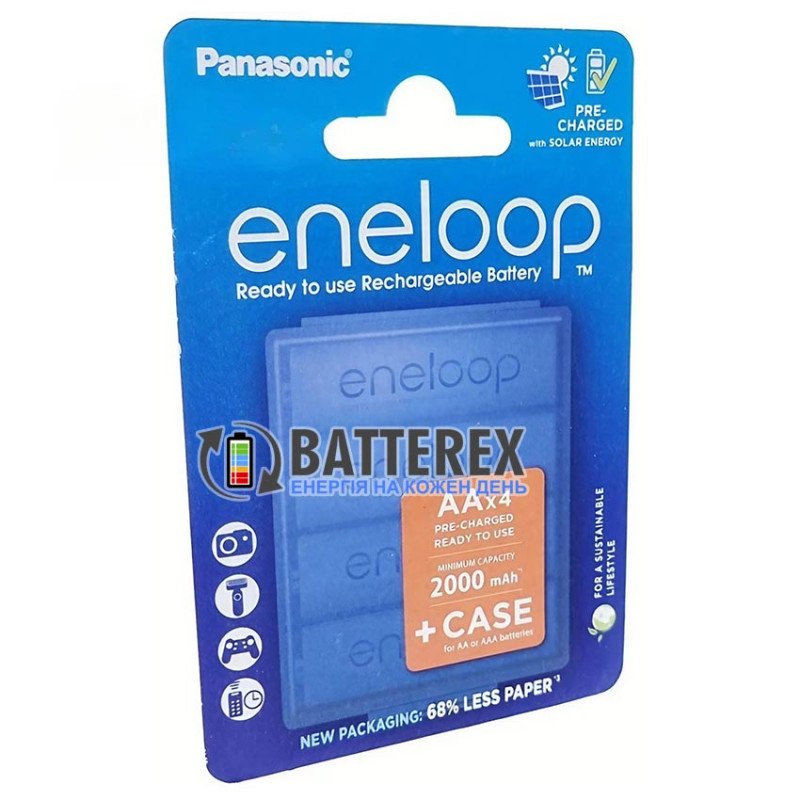 Фірмовий набір AA Panasonic Eneloop BK-3MCDEC4CP: 4 акумулятори AA Panasonic Eneloop 2000mah та фірмовий бокс для зберігання в упаковці CartonPack EcoBox