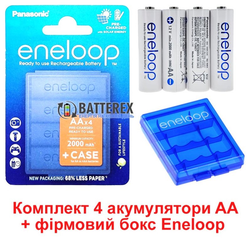 Фірмовий набір AA Panasonic Eneloop BK-3MCDEC4CP: 4 акумулятори AA Panasonic Eneloop 2000mah та фірмовий бокс для зберігання в упаковці CartonPack EcoBox