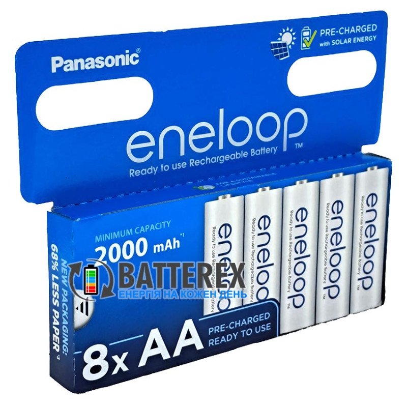8 акумуляторів AA Panasonic Eneloop 2000 mah BK-3MCDE/8HH в картонній еко-упаковці EcoBox 2023-2024