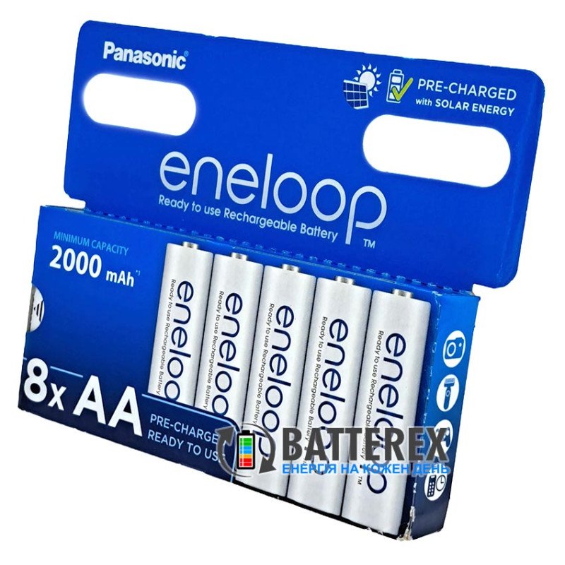8 акумуляторів AA Panasonic Eneloop 2000 mah BK-3MCDE/8HH в картонній еко-упаковці EcoBox 2023-2024