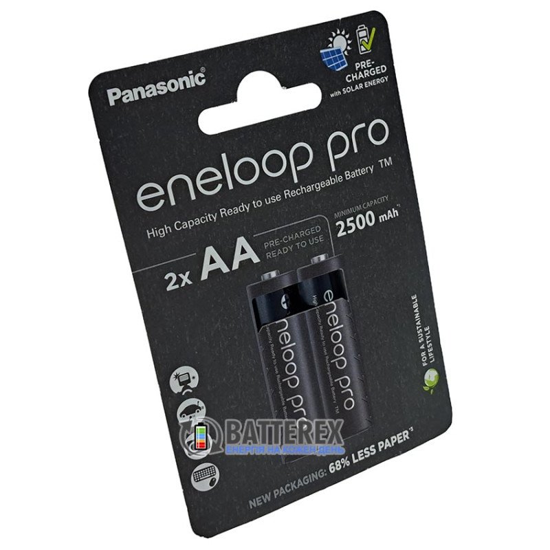 Аккумуляторы AA Panasonic Eneloop Pro 2600 mah BK-3HCDE/2CP EcoBox - 2 шт. в картонной экологичной упаковке - Оригинал-Япония