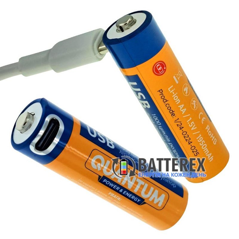 Литиевый USB аккумулятор AA Li-ion Quantum 1950mah 1.5V USB Type-C