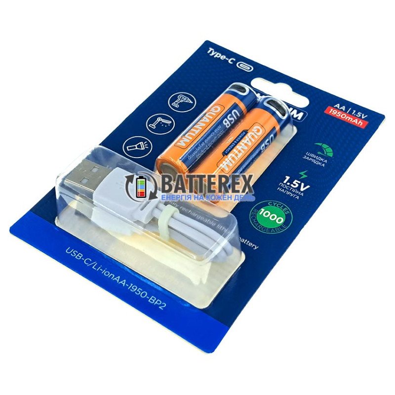 Аккумуляторы AA Li-ion 1.5V Quantum 1950mah с постоянным напряжением 1.5В и зарядкой от USB Type-C, упаковка 2 аккумулятора и зарядный кабель в комплекте