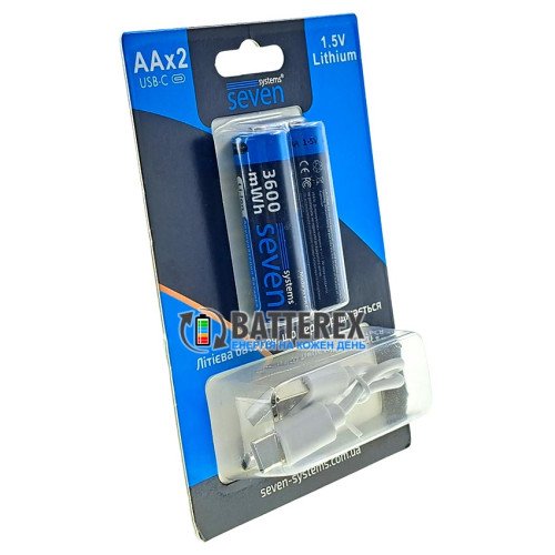 AA Li-ion Seven Systems 3600mWh 2400mah 1.5V с постоянным напряжением 1.5В и зарядкой от USB Type-C, упаковка 2 аккумулятора и зарядный кабель в комплекте