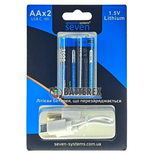 AA Li-ion Seven Systems 3600mWh 2400mah 1.5V с постоянным напряжением 1.5В и зарядкой от USB Type-C, упаковка 2 аккумулятора и зарядный кабель в комплекте