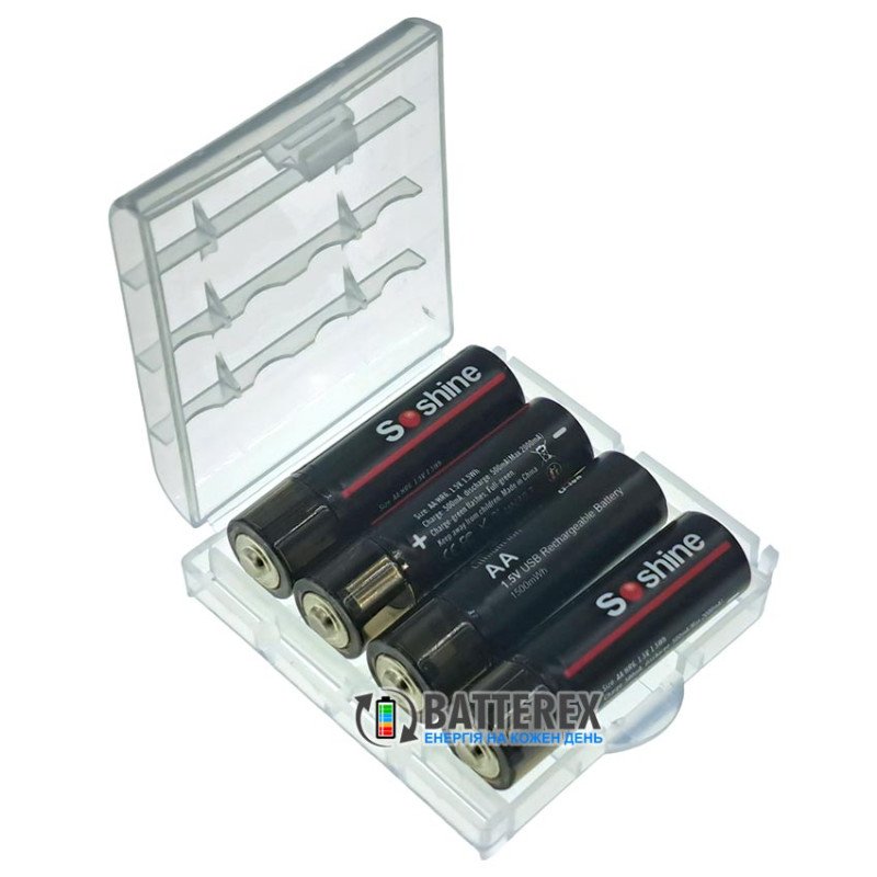 Литиевые USB аккумуляторы AA Li-ion Soshine 1500mWh 1.5V USB-A, комплект 4 шт. в пластиковом боксе