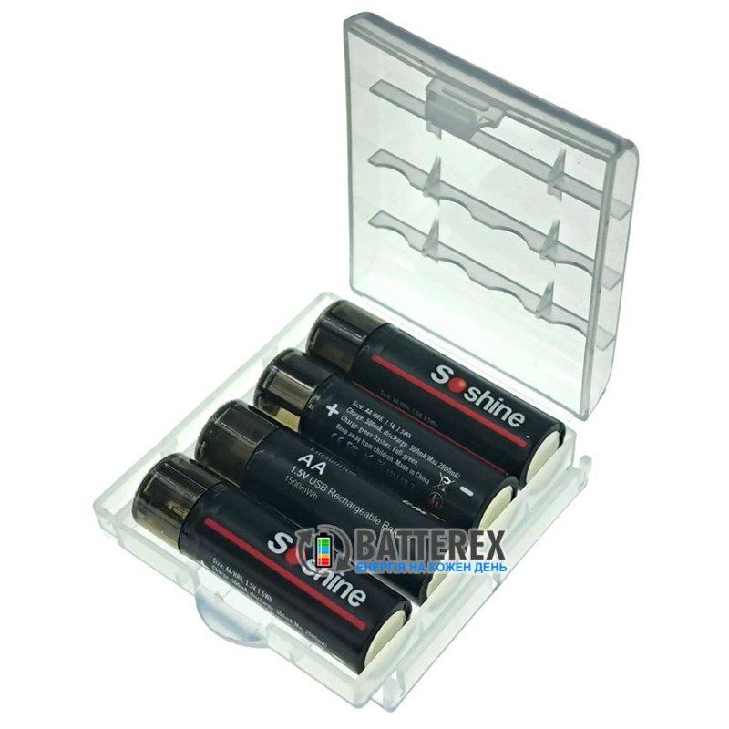 Литиевые USB аккумуляторы AA Li-ion Soshine 1500mWh 1.5V USB-A, комплект 4 шт. в пластиковом боксе