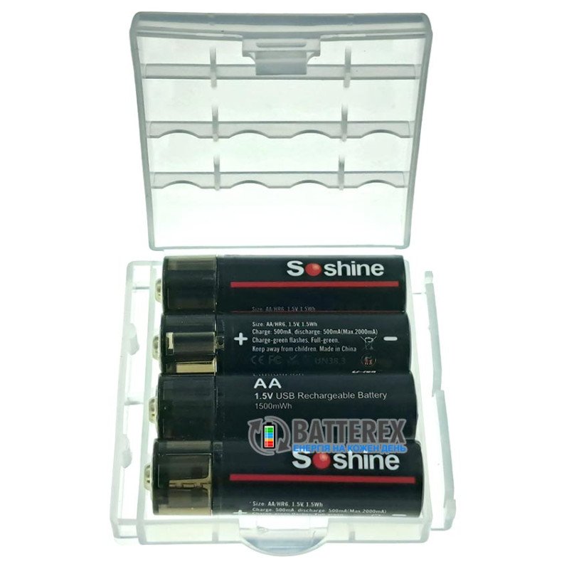 Литиевые USB аккумуляторы AA Li-ion Soshine 1500mWh 1.5V USB-A, комплект 4 шт. в пластиковом боксе