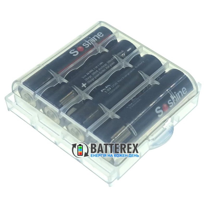 Литиевые USB аккумуляторы AA Li-ion Soshine 1500mWh 1.5V USB-A, комплект 4 шт. в пластиковом боксе