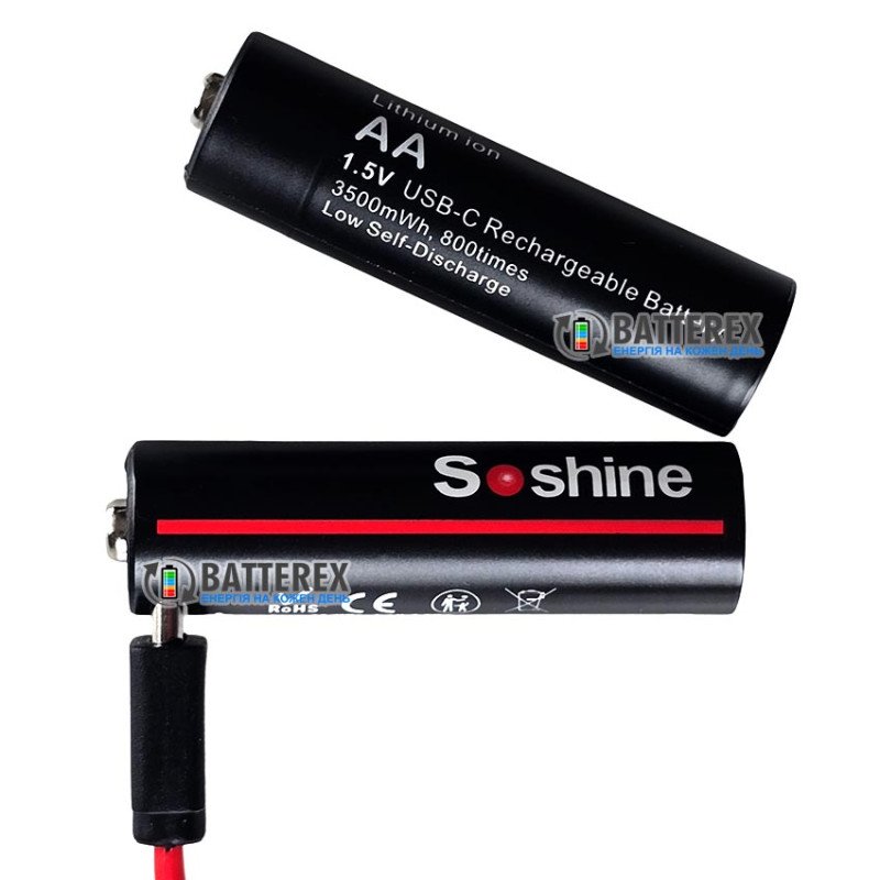 Литиевый аккумулятор AA Li-ion Soshine 1.5V 3500mWh с зарядкой от USB Type-C поштучно от 1 шт.