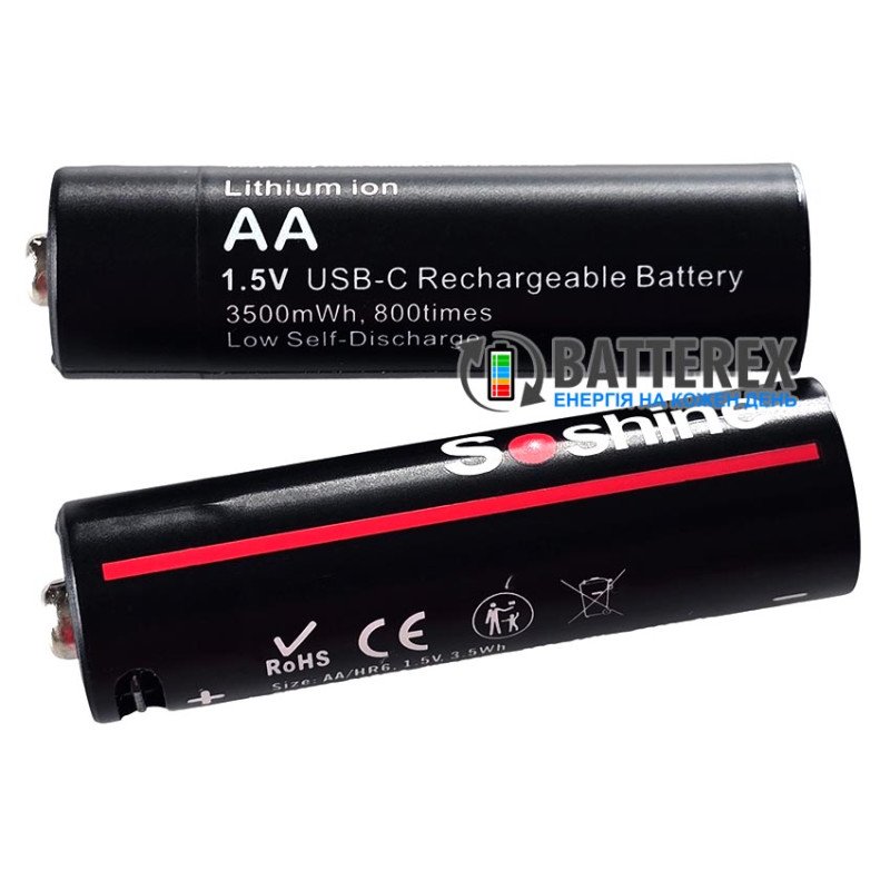 Литиевый аккумулятор AA Li-ion Soshine 1.5V 3500mWh с зарядкой от USB Type-C поштучно от 1 шт.