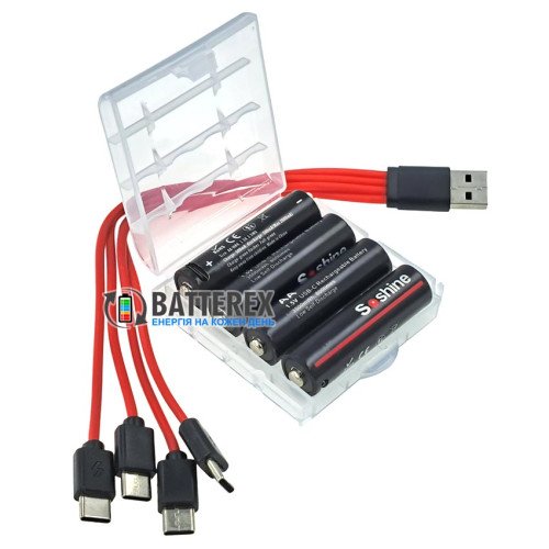 AA Li-ion Soshine 3500mWh 1.5V Protected USB Type-C - комплект 4 аккумулятора, зарядный кабель и бокс для хранения
