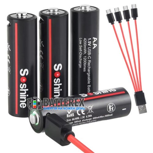 AA Li-ion Soshine 4200mWh 2700mAh 1.5V Protected USB Type-C - комплект 4 аккумулятора, зарядный кабель и бокс для хранения