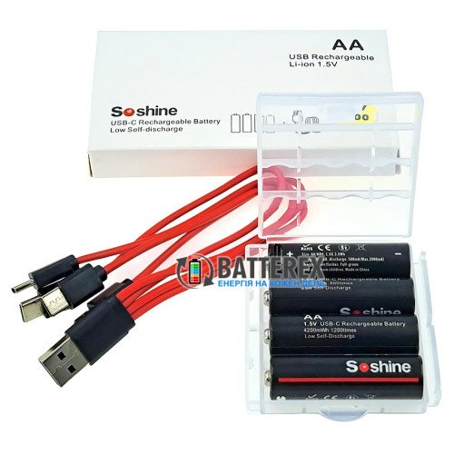 AA Li-ion Soshine 4200mWh 2700mAh 1.5V Protected USB Type-C - комплект 4 аккумулятора, зарядный кабель и бокс для хранения