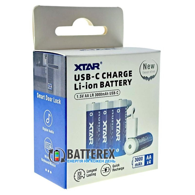 Аккумуляторы AA Li-ion XTAR 3000mAh 1.5V LR USB Type-C c технологией снижения напряжения Linear Discharge и зарядкой от USB Type-C, комплект 4 шт., зарядный кабель и бокс