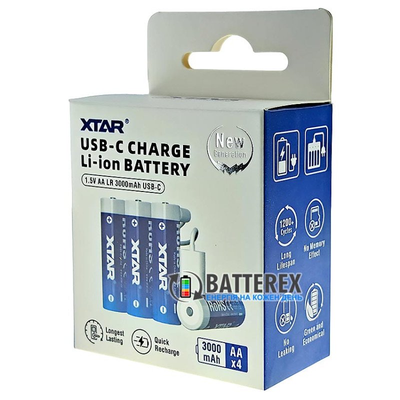 Аккумуляторы AA Li-ion XTAR 3000mAh 1.5V LR USB Type-C c технологией снижения напряжения Linear Discharge и зарядкой от USB Type-C, комплект 4 шт., зарядный кабель и бокс