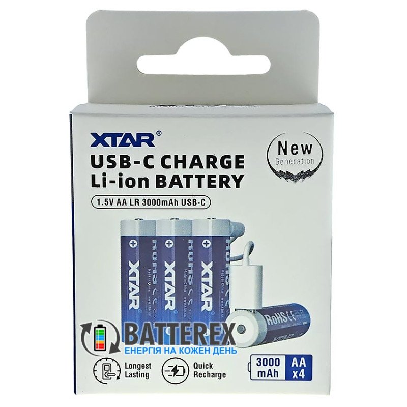 Аккумуляторы AA Li-ion XTAR 3000mAh 1.5V LR USB Type-C c технологией снижения напряжения Linear Discharge и зарядкой от USB Type-C, комплект 4 шт., зарядный кабель и бокс