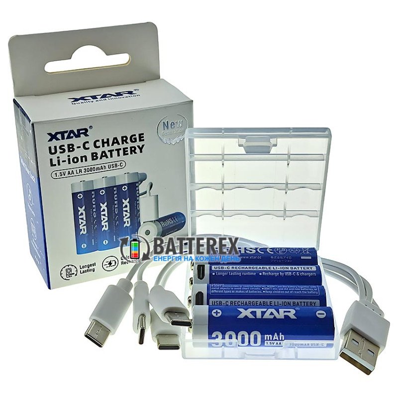 Аккумуляторы AA Li-ion XTAR 3000mAh 1.5V LR USB Type-C c технологией снижения напряжения Linear Discharge и зарядкой от USB Type-C, комплект 4 шт., зарядный кабель и бокс