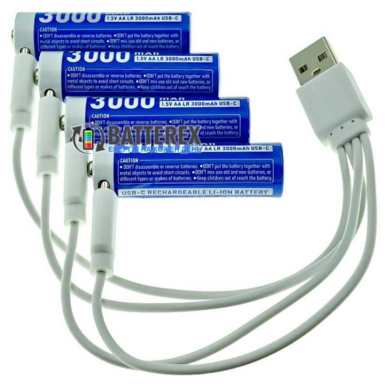 Аккумуляторы AA Li-ion XTAR 3000mAh 1.5V LR USB Type-C c технологией снижения напряжения Linear Discharge и зарядкой от USB Type-C, комплект 4 шт., зарядный кабель и бокс