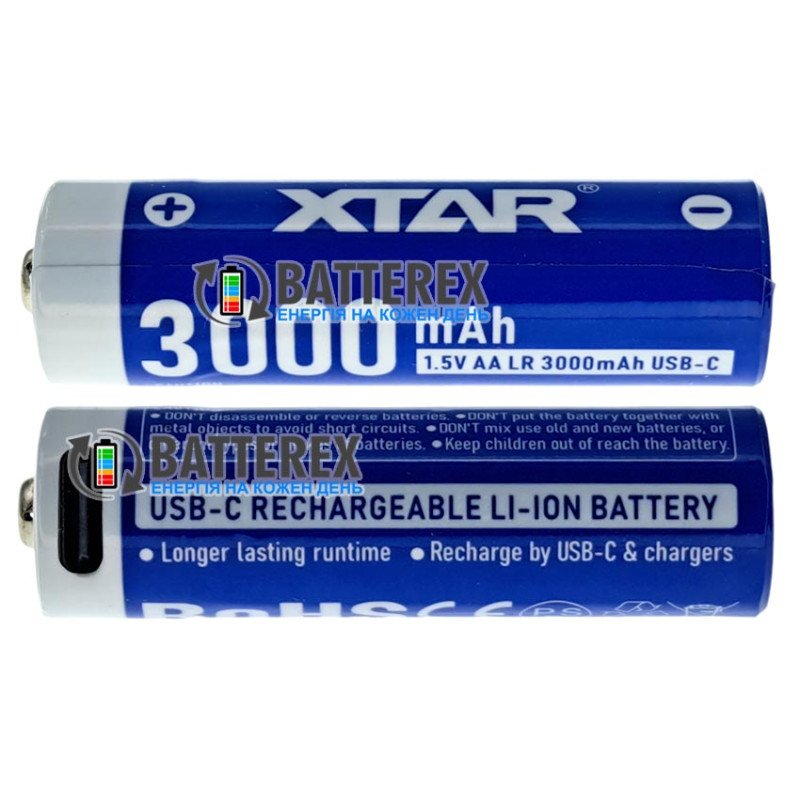Аккумуляторы AA Li-ion XTAR 3000mAh 1.5V LR USB Type-C c технологией снижения напряжения Linear Discharge и зарядкой от USB Type-C, комплект 4 шт., зарядный кабель и бокс