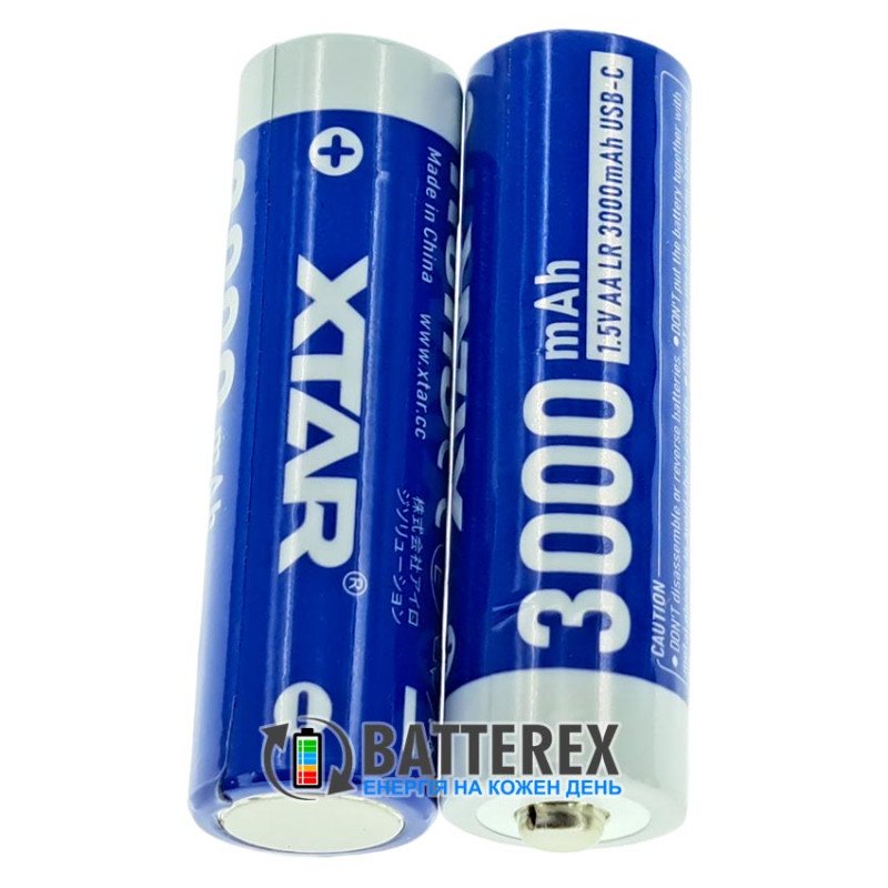Акумулятори AA Li-ion XTAR 3000mAh 1.5V LR USB Type-C із технологією зниження напруги Linear Discharge та зарядкою від USB Type-C, поштучно від 1 шт.