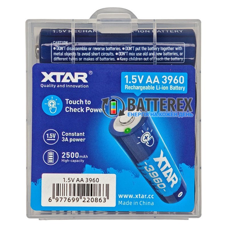 Аккумулятор АА Li-ion XTAR 3960mWh 2500mAh 1.5V Touch Check Power c проверкой уровня заряда нажатием на плюсовой контакт, постоянное напряжение 1.5В, упаковка 4 шт. в боксе