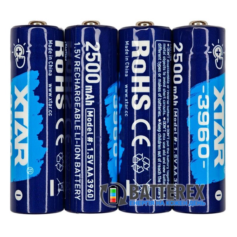 Аккумулятор АА Li-ion XTAR 3960mWh 2500mAh 1.5V Touch Check Power c проверкой уровня заряда нажатием на плюсовой контакт, постоянное напряжение 1.5В, упаковка 4 шт. в боксе