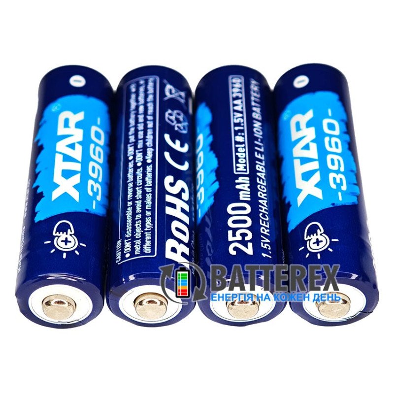 Аккумулятор АА Li-ion XTAR 3960mWh 2500mAh 1.5V Touch Check Power c проверкой уровня заряда нажатием на плюсовой контакт, постоянное напряжение 1.5В, упаковка 4 шт. в боксе