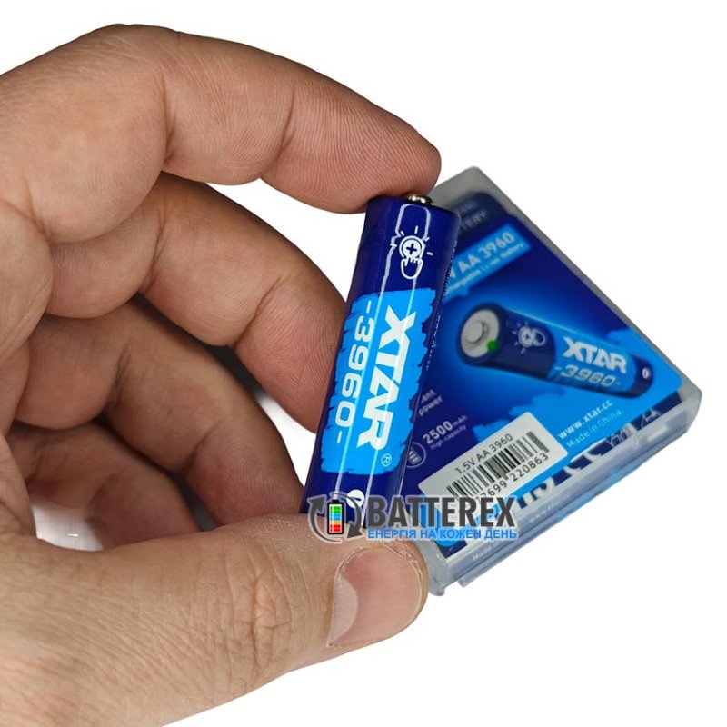 Аккумулятор АА Li-ion XTAR 3960mWh 2500mAh 1.5V Touch Check Power c проверкой уровня заряда нажатием на плюсовой контакт, постоянное напряжение 1.5В, упаковка 4 шт. в боксе