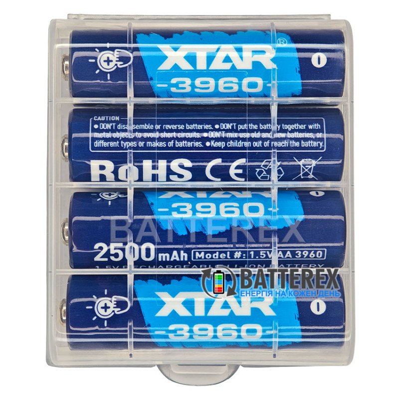 Аккумулятор АА Li-ion XTAR 3960mWh 2500mAh 1.5V Touch Check Power c проверкой уровня заряда нажатием на плюсовой контакт, постоянное напряжение 1.5В, упаковка 4 шт. в боксе