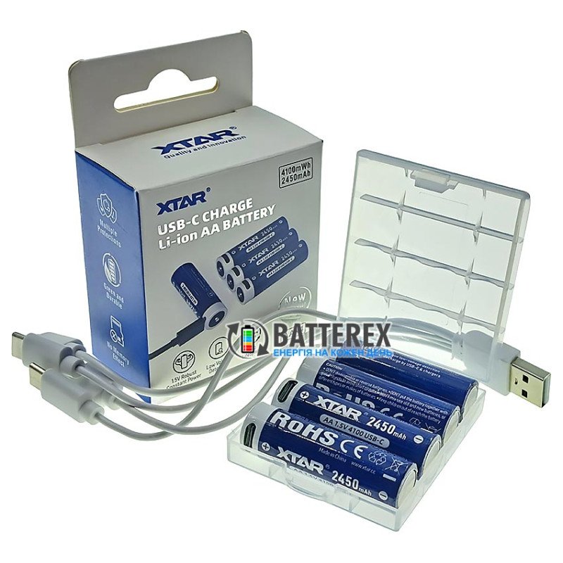 Комплект 4 акумулятори AA Li-ion XTAR 4100mWh 2450mAh 1.5V із зарядкою від USB Type-C, зарядний кабель на 4 акумулятори та бокс для зберігання