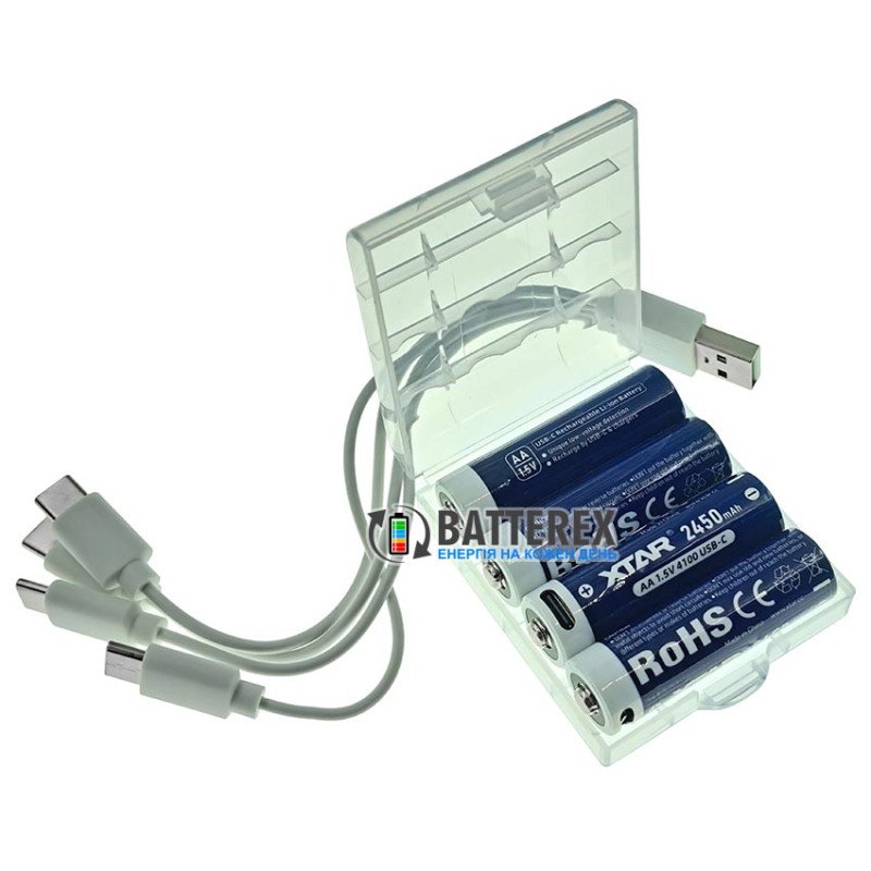 Комплект 4 акумулятори AA Li-ion XTAR 4100mWh 2450mAh 1.5V із зарядкою від USB Type-C, зарядний кабель на 4 акумулятори та бокс для зберігання