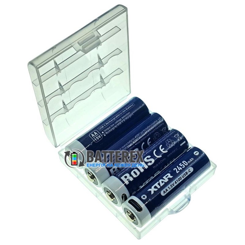 Комплект 4 акумулятори AA Li-ion XTAR 4100mWh 2450mAh 1.5V із зарядкою від USB Type-C, зарядний кабель на 4 акумулятори та бокс для зберігання