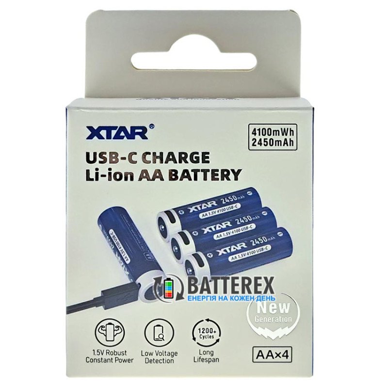 Комплект 4 акумулятори AA Li-ion XTAR 4100mWh 2450mAh 1.5V із зарядкою від USB Type-C, зарядний кабель на 4 акумулятори та бокс для зберігання