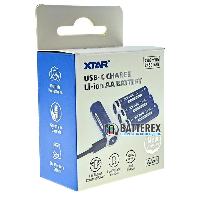 Комплект 4 акумулятори AA Li-ion XTAR 4100mWh 2450mAh 1.5V із зарядкою від USB Type-C, зарядний кабель на 4 акумулятори та бокс для зберігання
