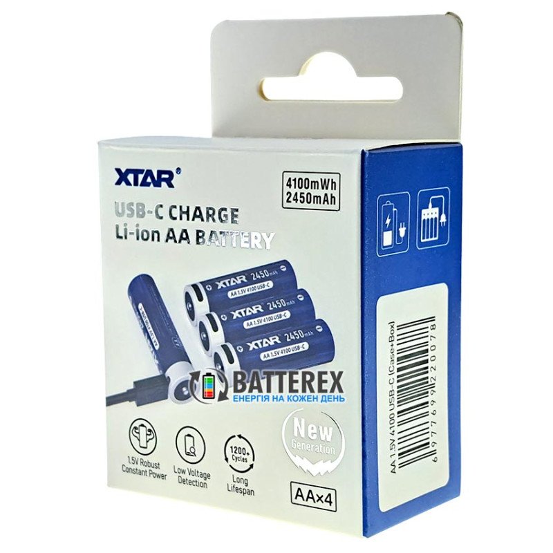 Комплект 4 акумулятори AA Li-ion XTAR 4100mWh 2450mAh 1.5V із зарядкою від USB Type-C, зарядний кабель на 4 акумулятори та бокс для зберігання