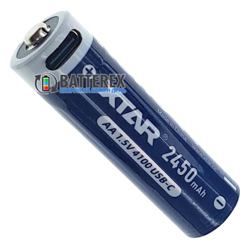 Акумулятори AA Li-ion XTAR 4100mWh 2450mAh 1.5V USB Type-C із технологією Low-voltage Reminder та зарядкою від USB Type-C, поштучно від 1 шт.