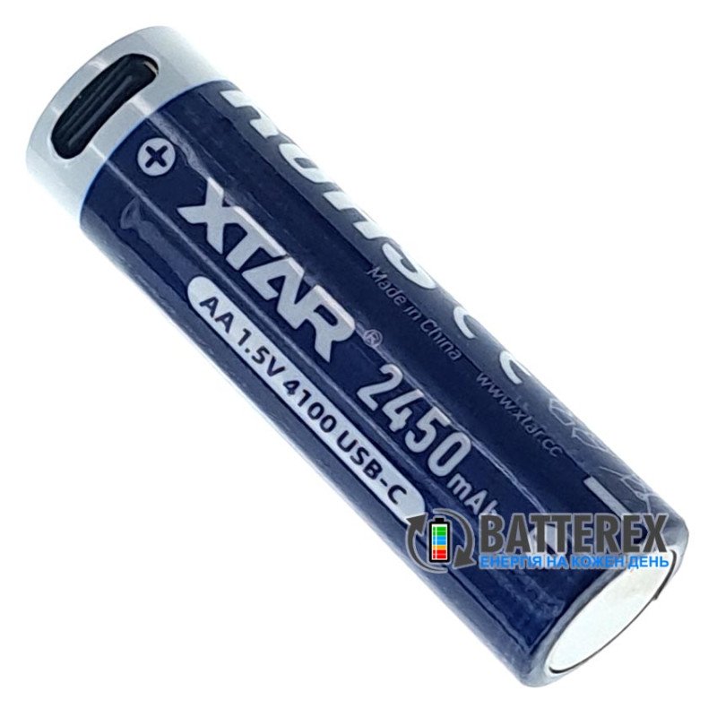 Акумулятори AA Li-ion XTAR 4100mWh 2450mAh 1.5V USB Type-C із технологією Low-voltage Reminder та зарядкою від USB Type-C, поштучно від 1 шт.