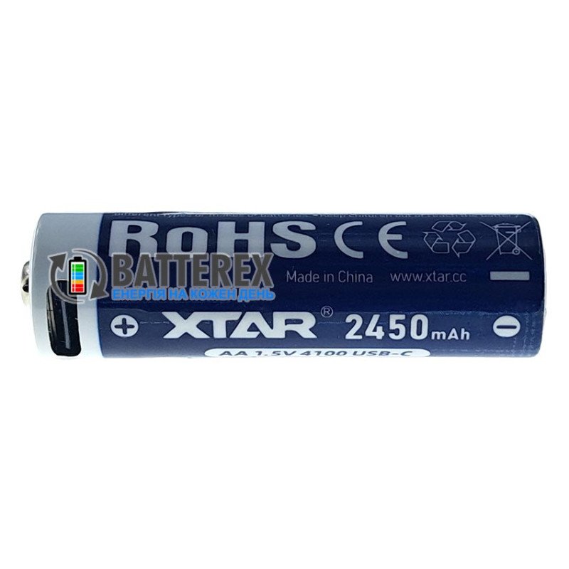 Акумулятори AA Li-ion XTAR 4100mWh 2450mAh 1.5V USB Type-C із технологією Low-voltage Reminder та зарядкою від USB Type-C, поштучно від 1 шт.