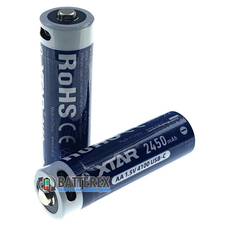 Акумулятори AA Li-ion XTAR 4100mWh 2450mAh 1.5V USB Type-C із технологією Low-voltage Reminder та зарядкою від USB Type-C, поштучно від 1 шт.