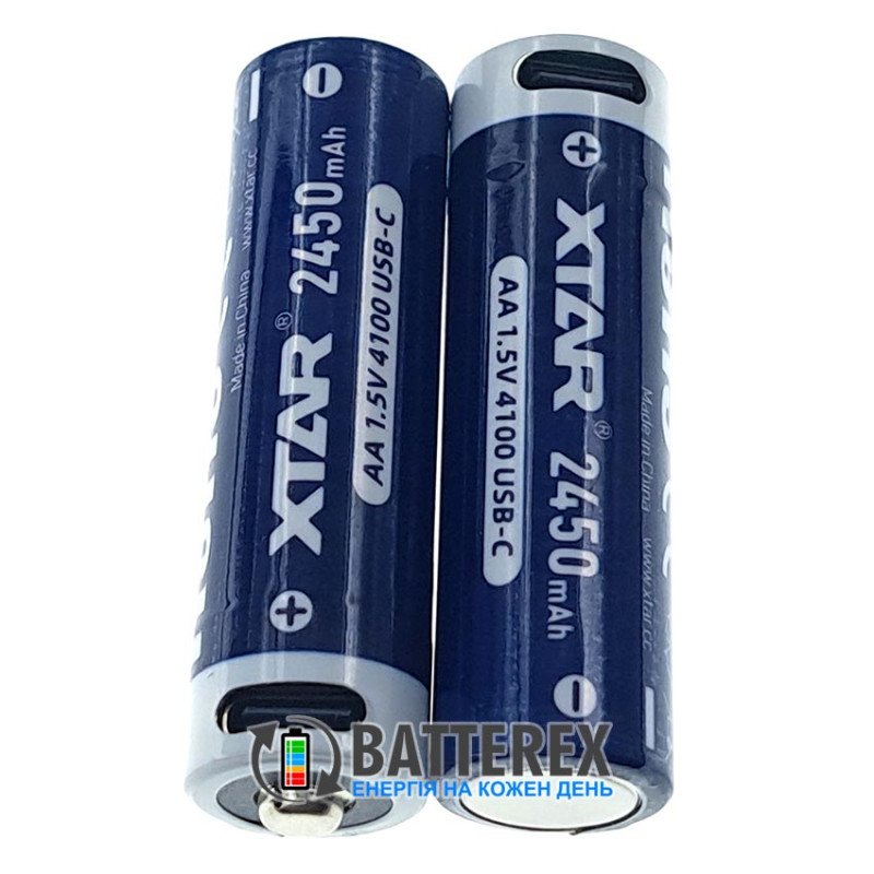 Акумулятори AA Li-ion XTAR 4100mWh 2450mAh 1.5V USB Type-C із технологією Low-voltage Reminder та зарядкою від USB Type-C, поштучно від 1 шт.