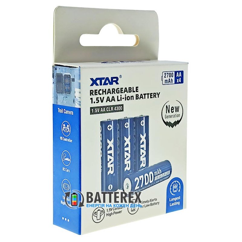 Аккумулятор АА Li-ion XTAR 4300mWh 2700mAh 1.5V CLR c постоянным напряжением 1.5В с имитацией падения напряжение перед разрядом, упаковка 4 шт. в коробке с боксом
