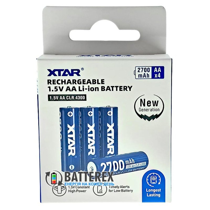 Аккумулятор АА Li-ion XTAR 4300mWh 2700mAh 1.5V CLR c постоянным напряжением 1.5В с имитацией падения напряжение перед разрядом, упаковка 4 шт. в коробке с боксом