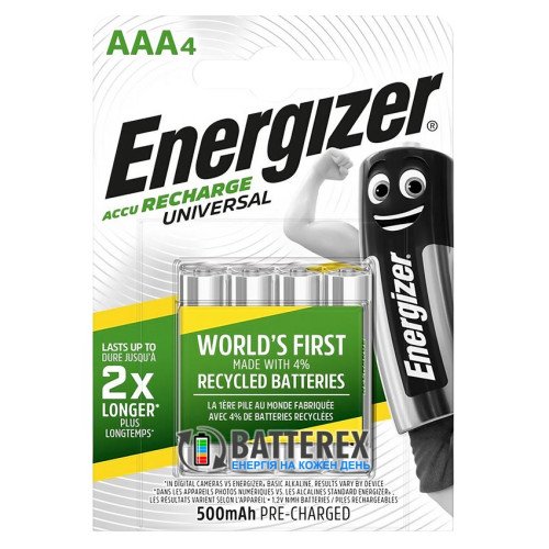 AAA Energizer 500mah Recharge Universal, упаковка 4 шт. в блистере, оригинал, Япония