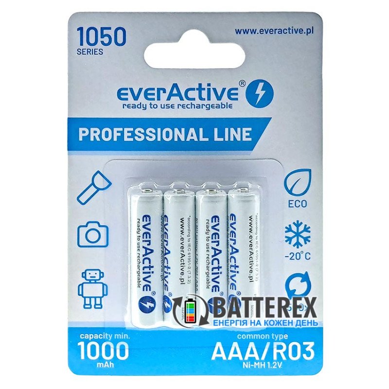 Аккумуляторы ААА EverActive Professional Line 1050 mah - упаковка 4 шт. в картонном блистере