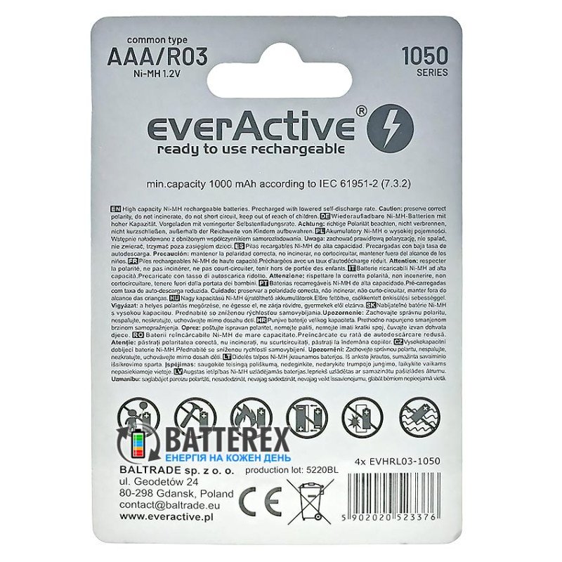 Аккумуляторы ААА EverActive Professional Line 1050 mah - упаковка 4 шт. в картонном блистере